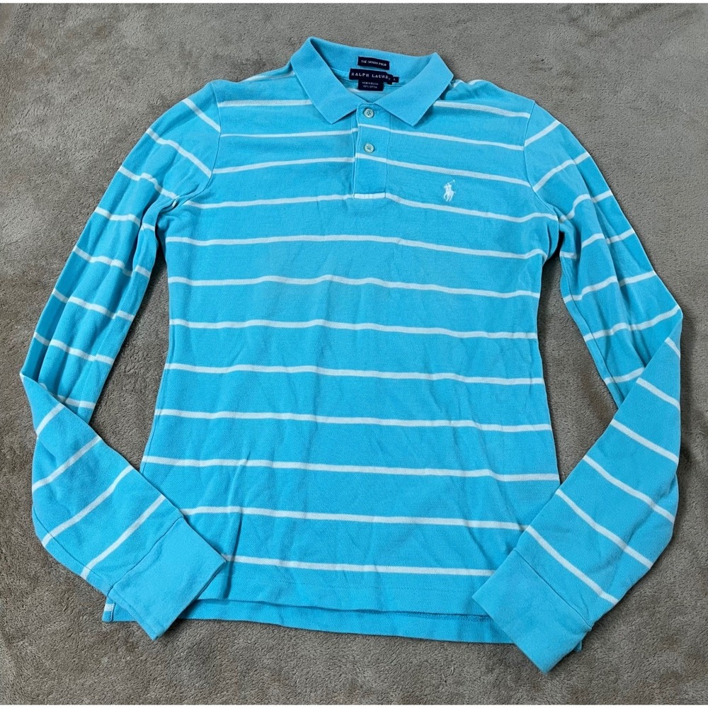 Vintage Ralph Lauren The Skinny Polo Shirt  Women's L Sky Blue Stripped L/S EUC